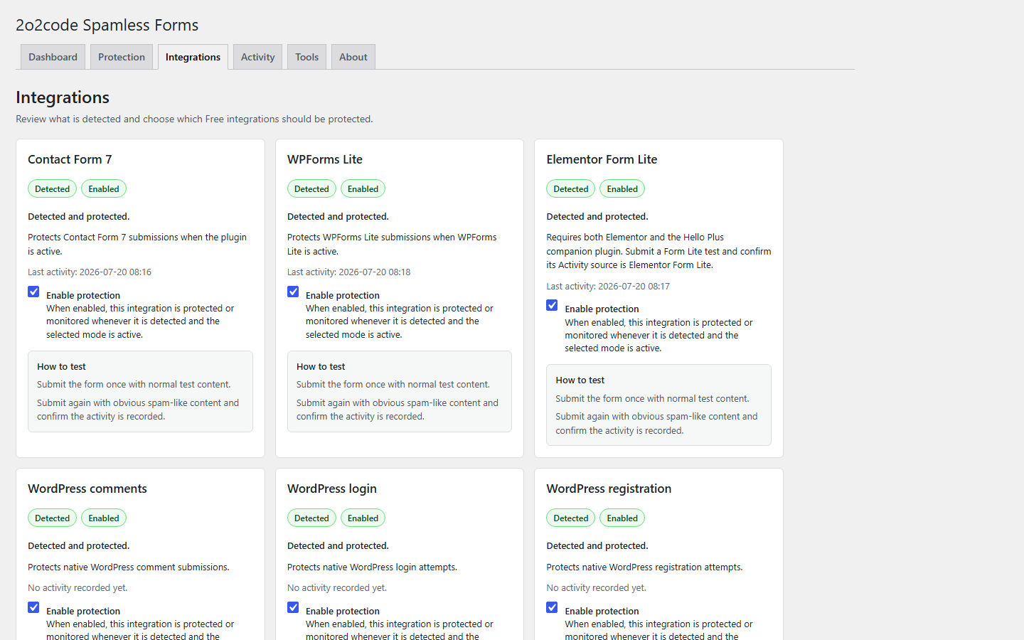 2o2code Spamless Forms Integrations screen showing Contact Form 7 support