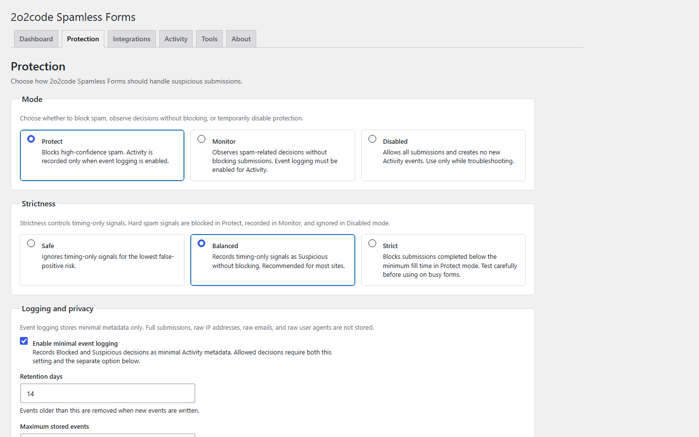 2o2code Spamless Forms Protection screen showing mode, strictness and logging settings