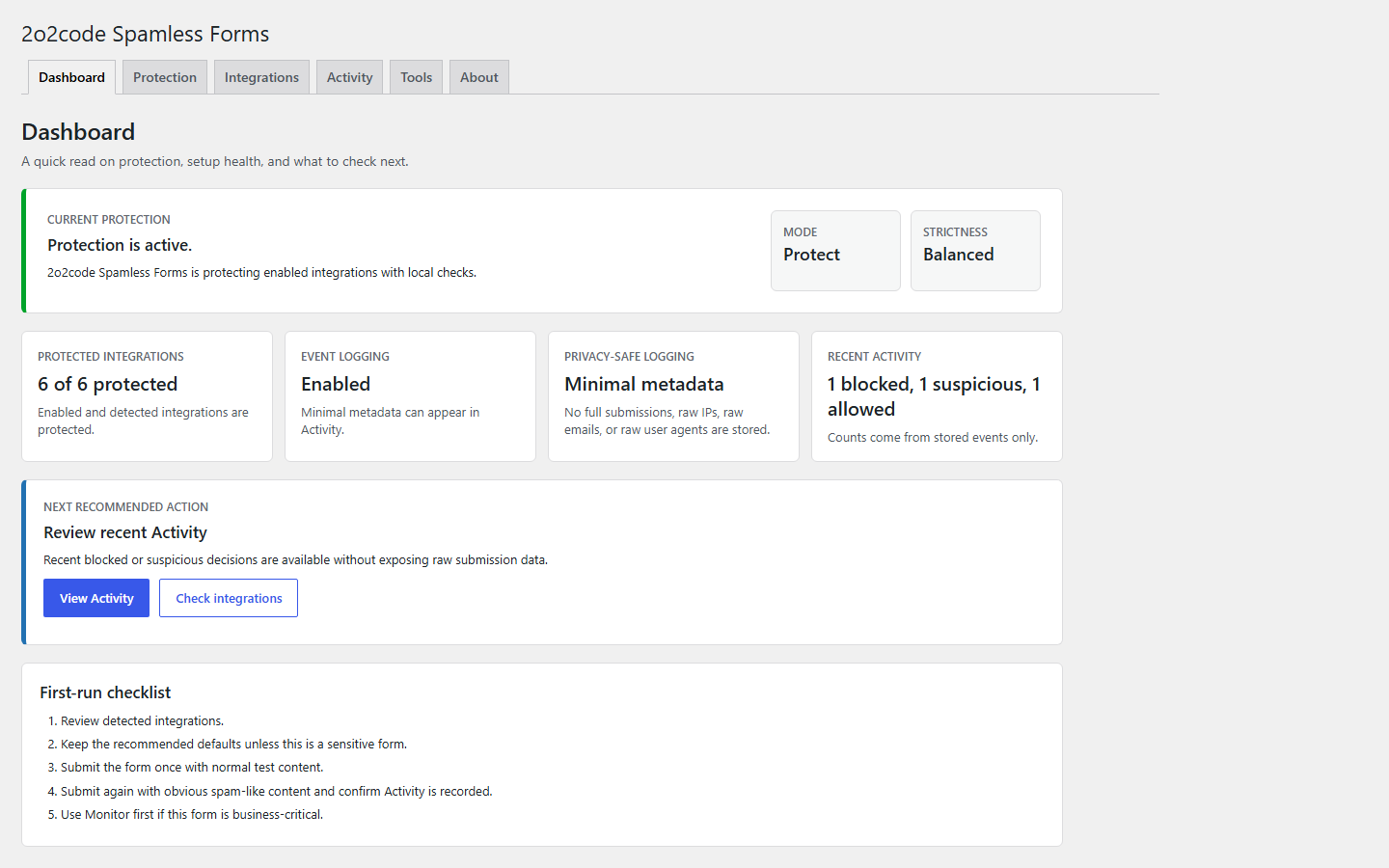 2o2code Spamless Forms Dashboard showing active protection and protected integrations