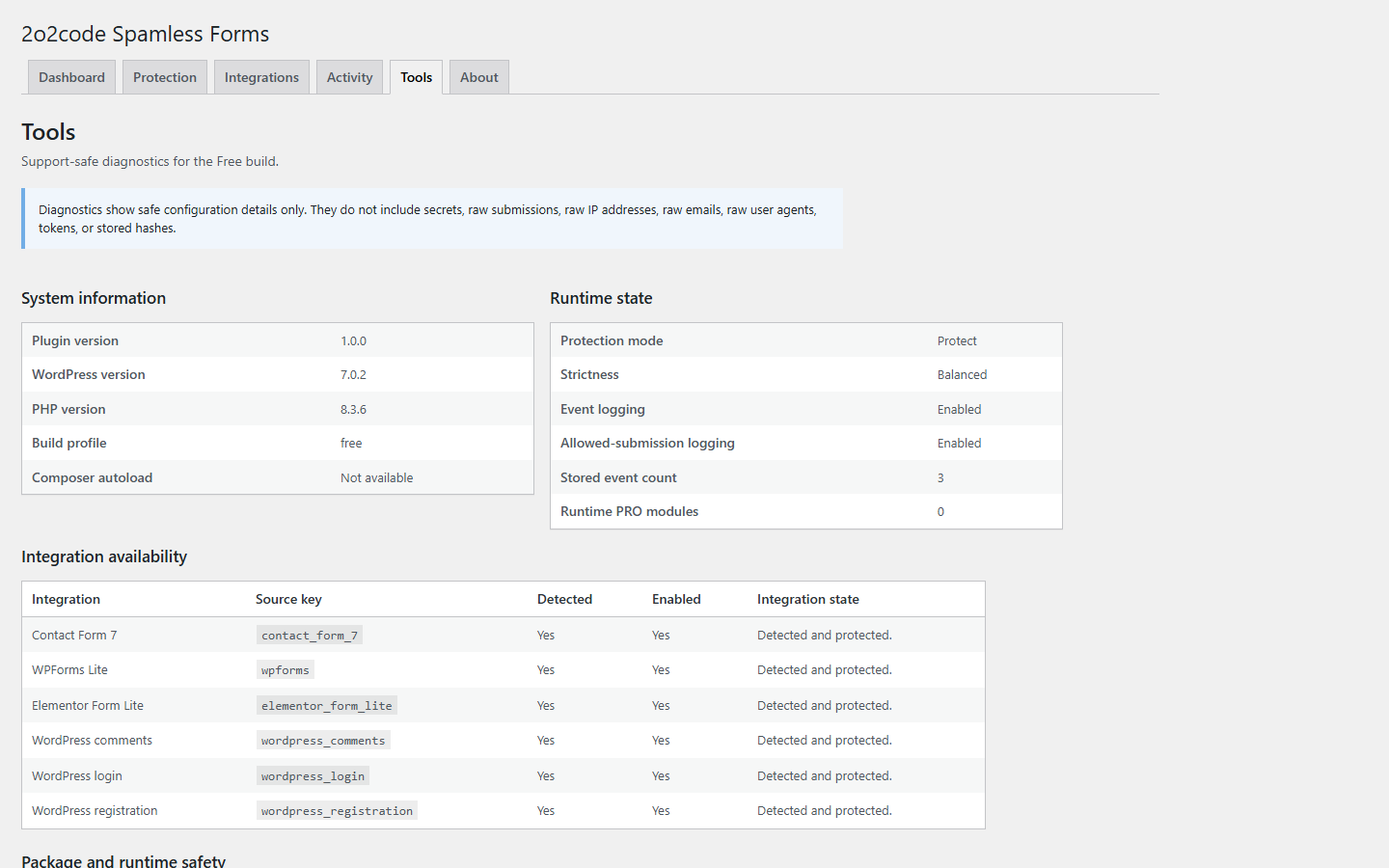 2o2code Spamless Forms Tools screen used while checking Elementor Form Lite protection