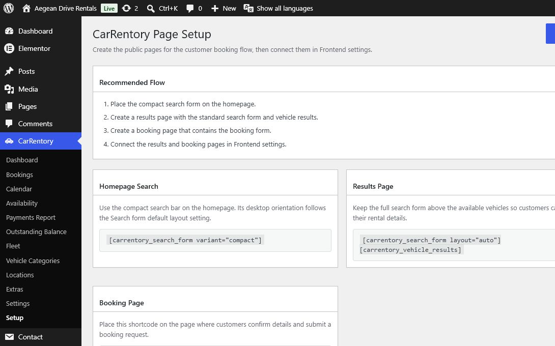 CarRentory Page Setup screen showing the homepage, results and booking shortcodes