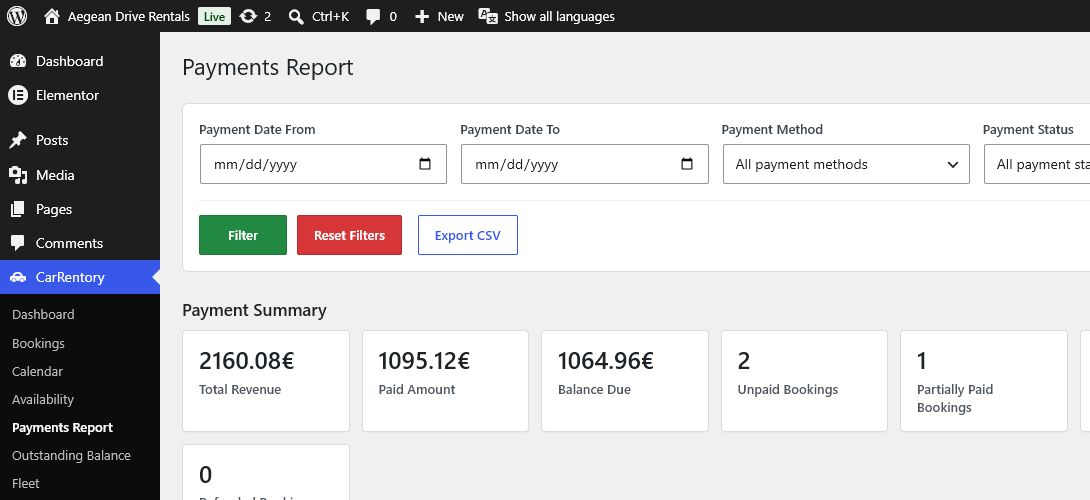 CarRentory Pro Payments Report with adjacent filter, reset and CSV export actions