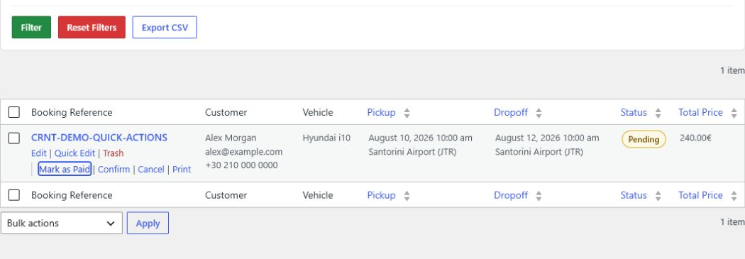 CarRentory Pro booking row with grouped WordPress and Quick actions