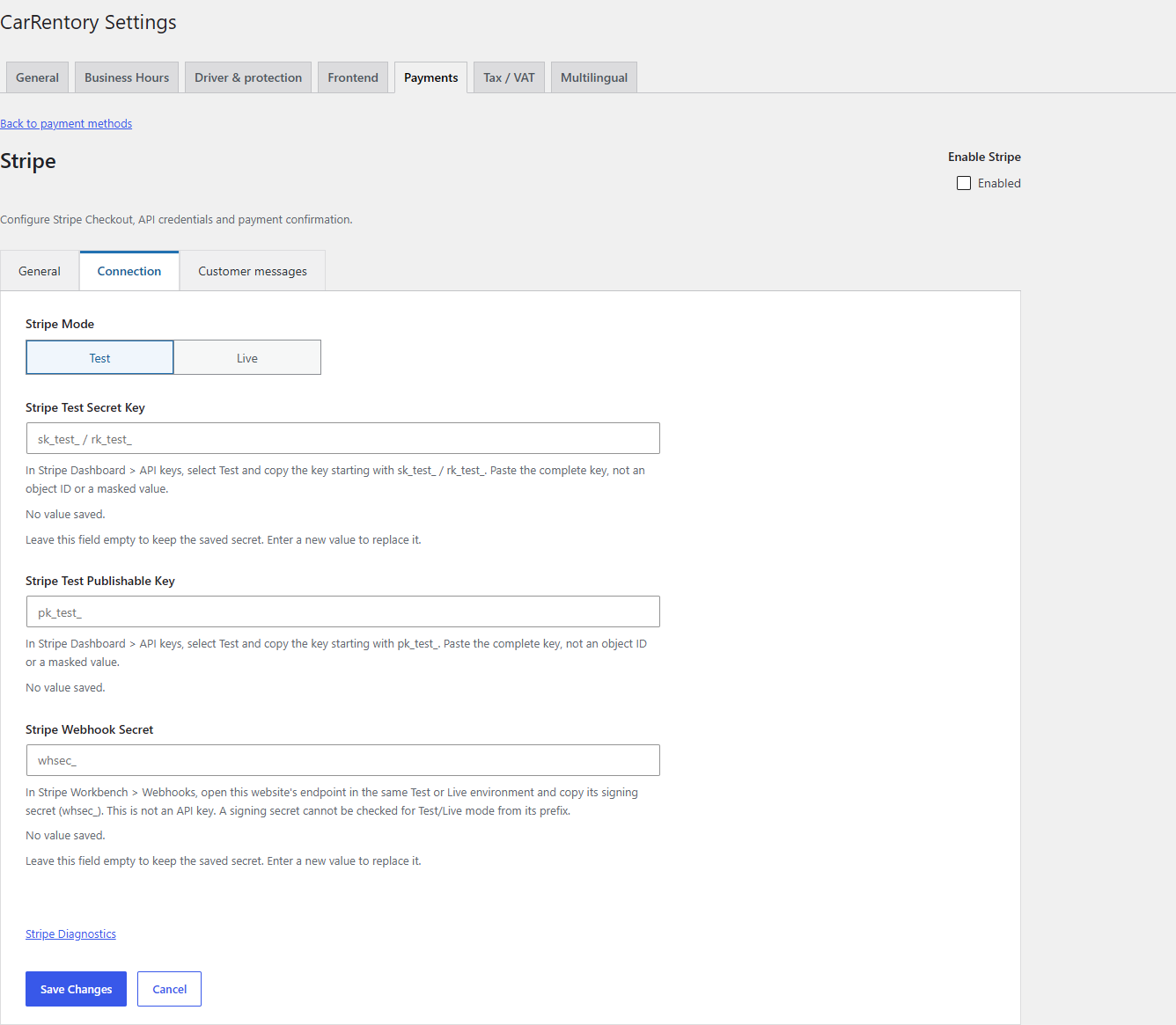 Configure the selected Stripe environment, API keys and webhook signing secret.