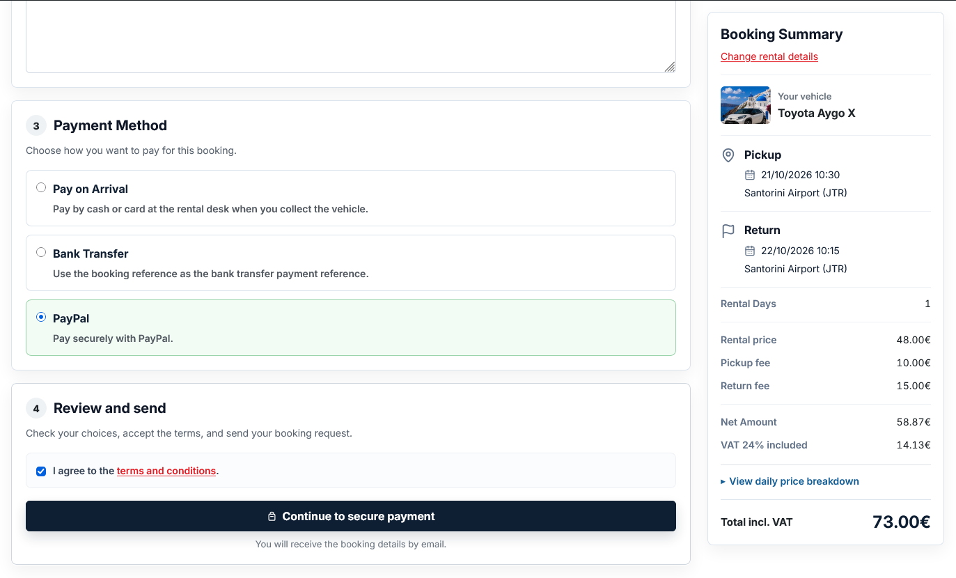 CarRentory booking page with PayPal selected, the full Booking Summary and Continue to secure payment button.