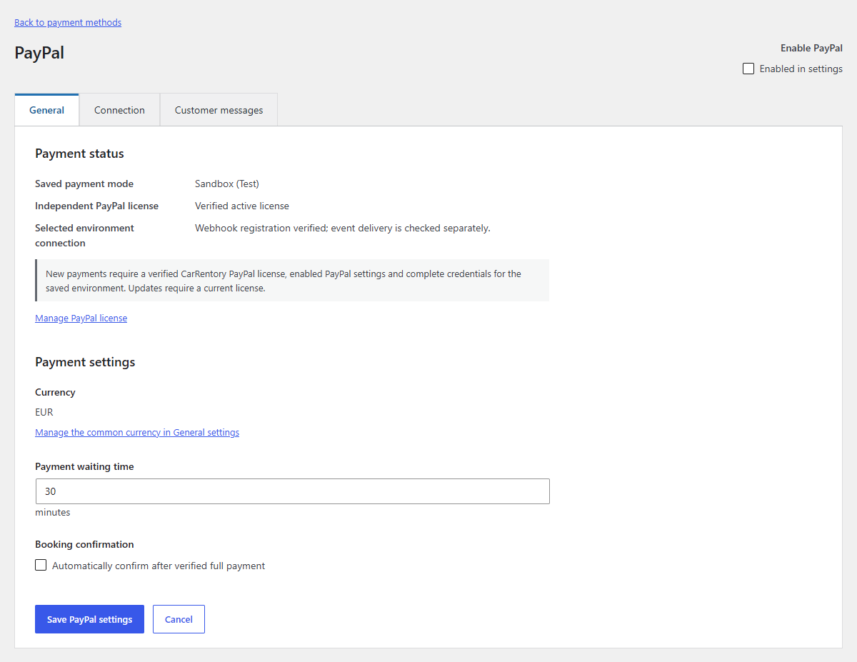 General tab showing PayPal license and connection status, EUR currency, waiting time and automatic confirmation setting.
