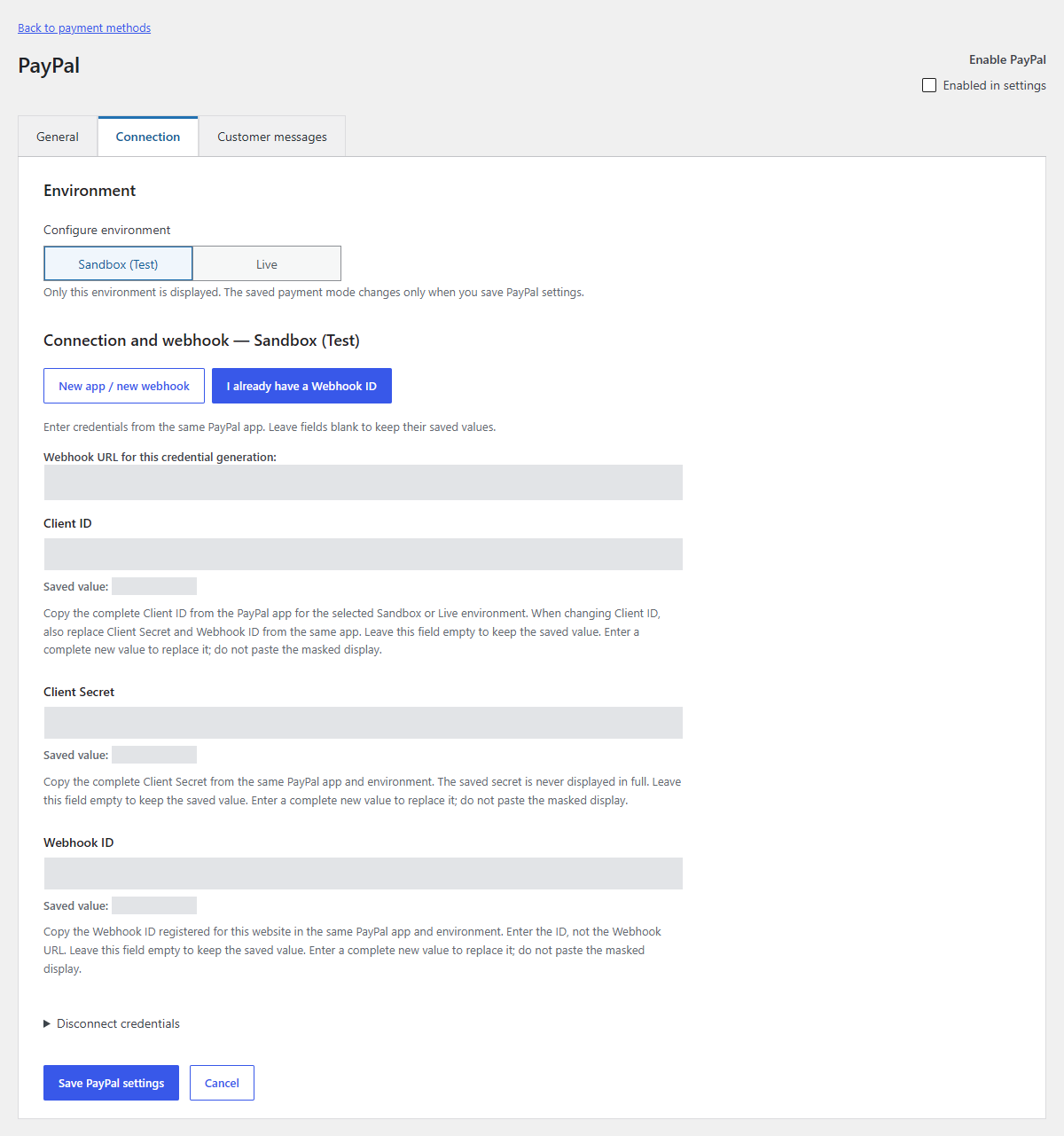 PayPal Sandbox connection fields with saved-value guidance and private values hidden.