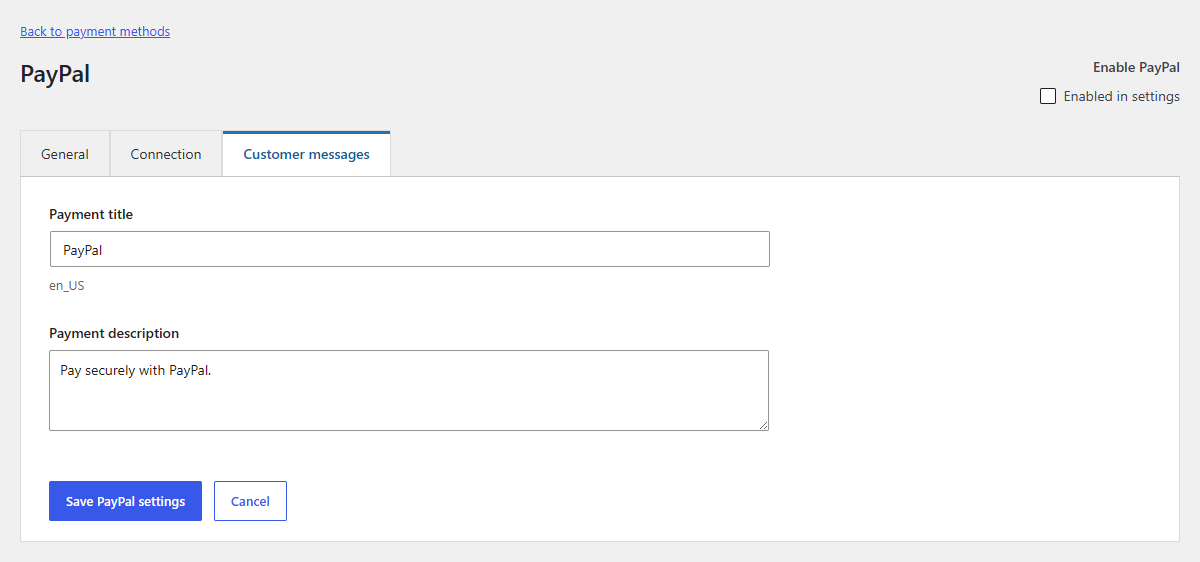 PayPal payment title and description settings for the English language.