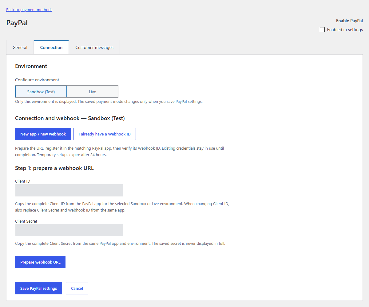 First step of guided PayPal webhook setup with Client ID and Client Secret fields and Prepare webhook URL button.