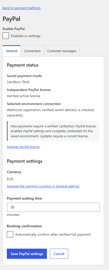 CarRentory PayPal General settings displayed on a narrow mobile screen.