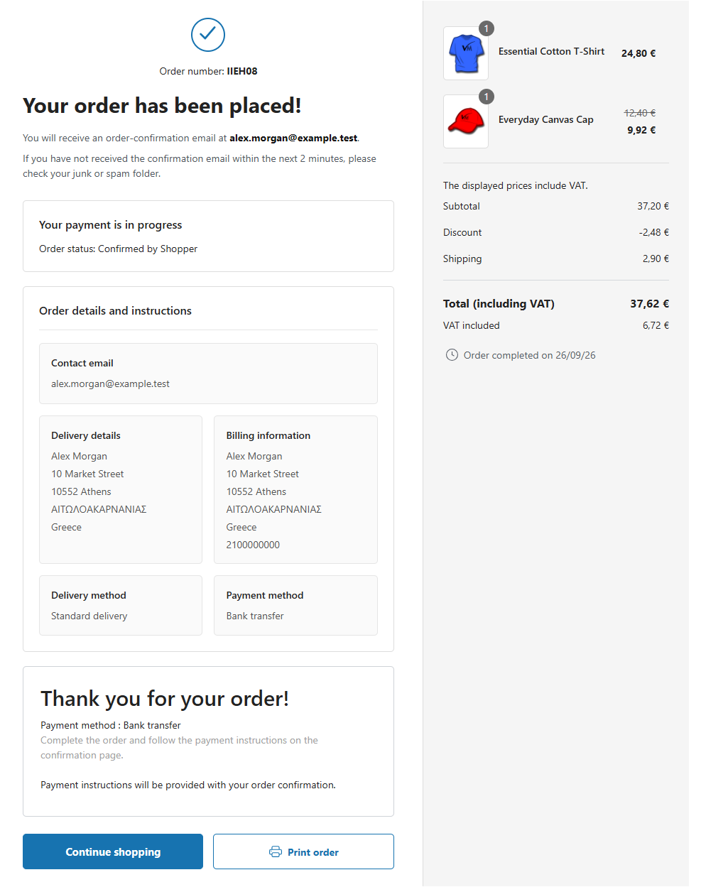 Premium Checkout Suite order confirmation with delivery information, payment instructions and Print order