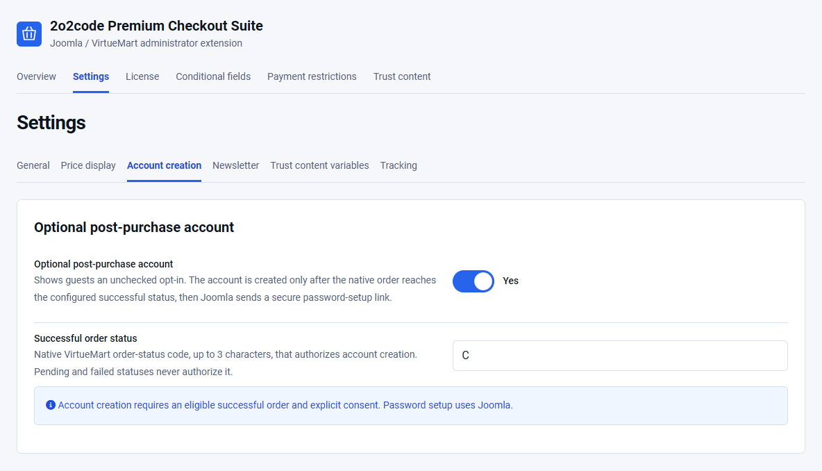 Account creation settings with explicit opt-in and successful order status C