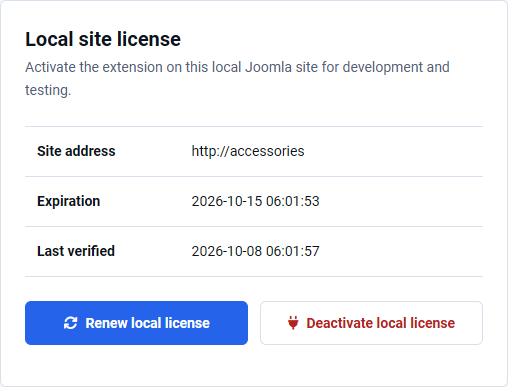 Local site license controls showing the site address, expiration date, and Renew local license and Deactivate local license buttons