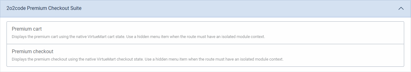 Joomla Menu Item Type selection showing Premium Checkout Suite with Premium cart and Premium checkout