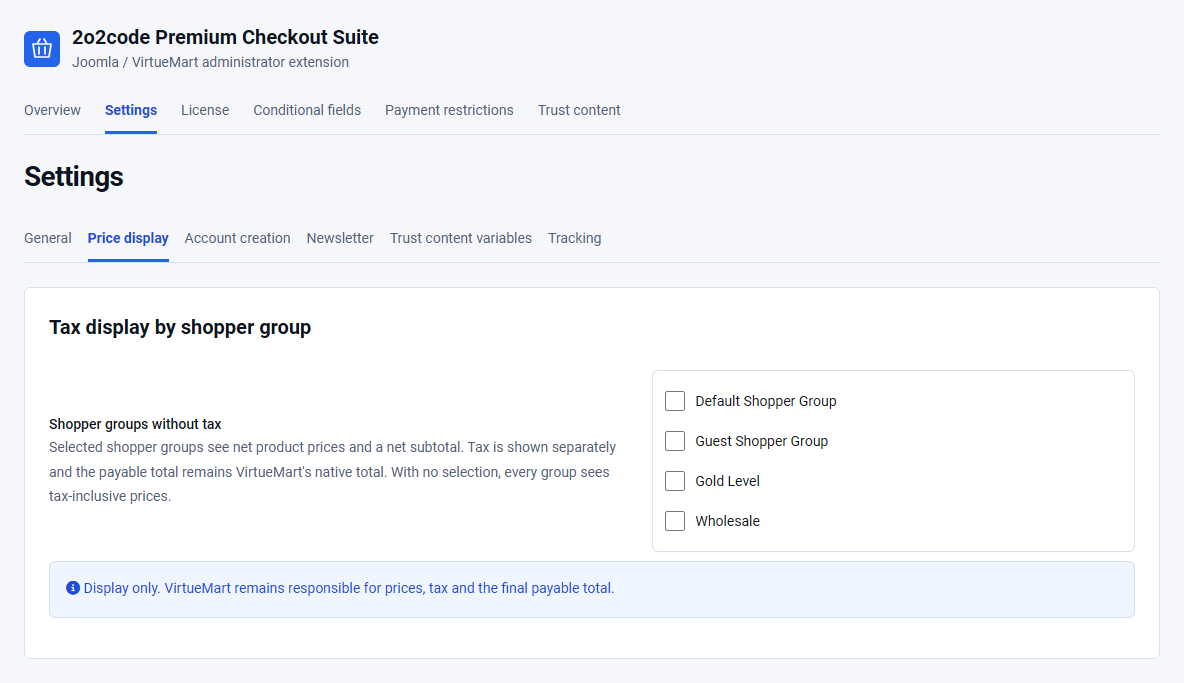Price display settings listing shopper groups that can see net product prices