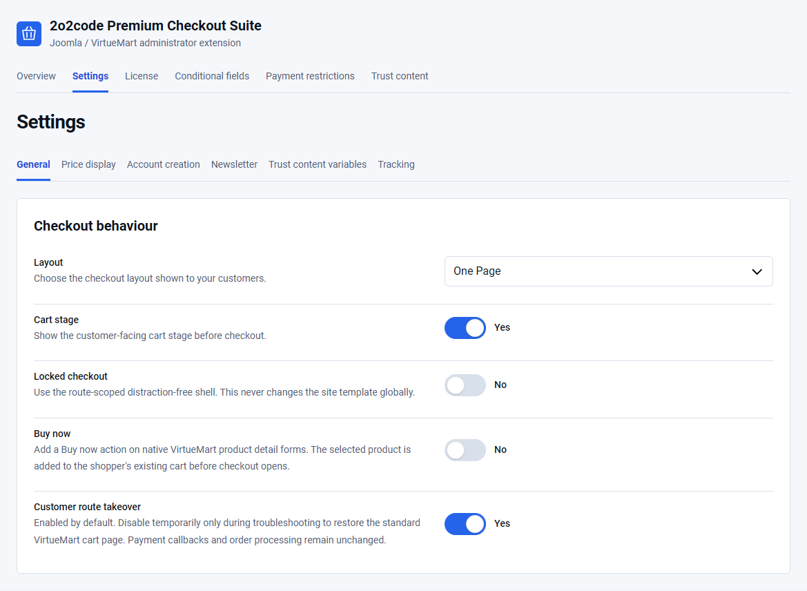 Premium Checkout Suite General settings showing One Page layout, Cart stage and route takeover options