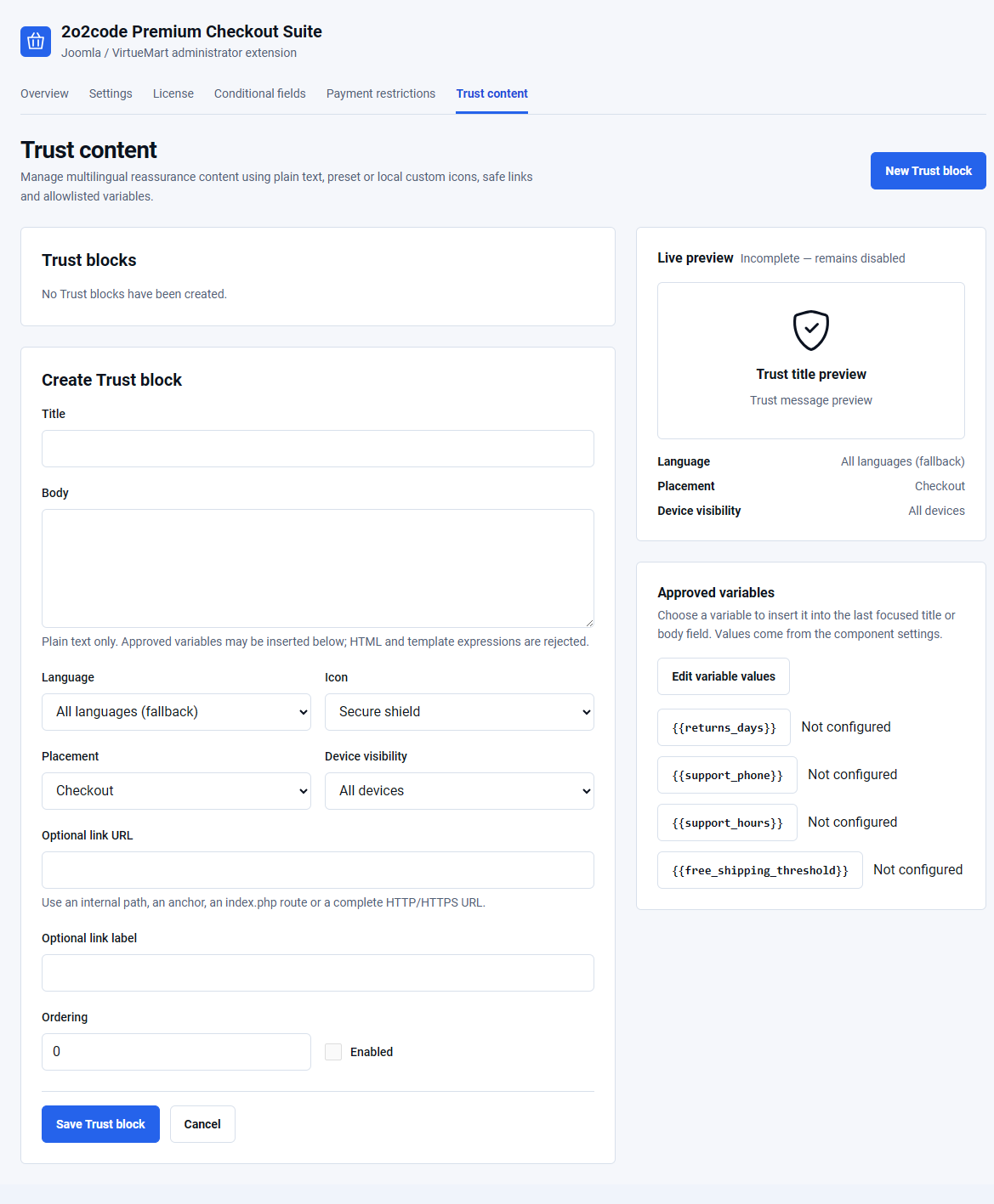 Trust content editor with live preview, placement and approved variables
