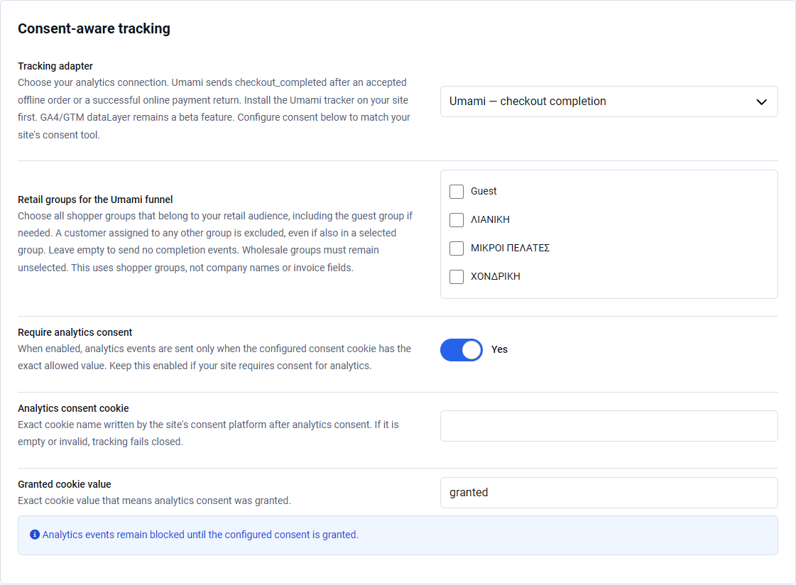 Premium Checkout Suite 1.0.4 Tracking settings with the Umami checkout completion adapter, retail shopper groups and analytics consent fields